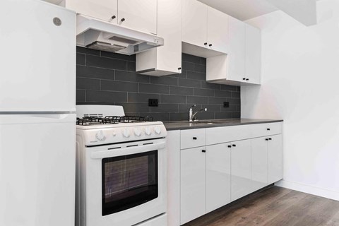 a white kitchen with a stove and a sink